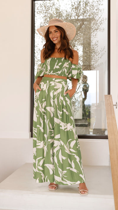 Load image into Gallery viewer, Callison Crop Top and Pants Set - Green Print - Billy J
