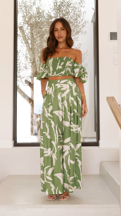 Load image into Gallery viewer, Callison Crop Top and Pants Set - Green Print - Billy J
