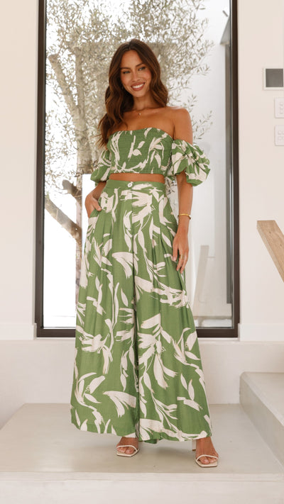 Load image into Gallery viewer, Callison Crop Top and Pants Set - Green Print - Billy J
