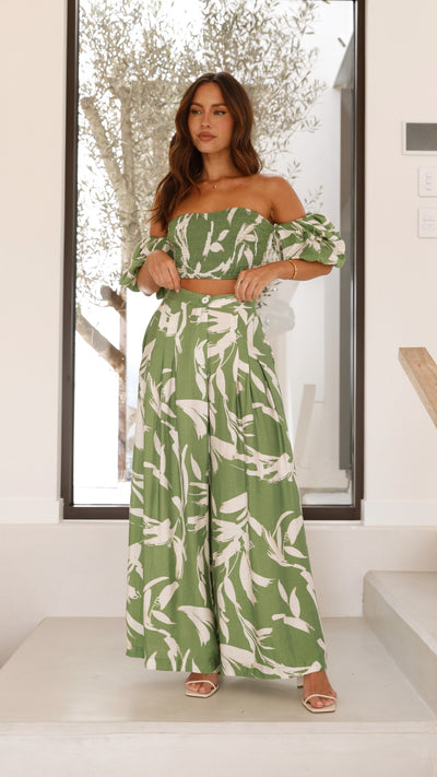 Load image into Gallery viewer, Callison Crop Top and Pants Set - Green Print - Billy J
