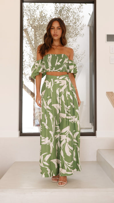 Load image into Gallery viewer, Callison Crop Top and Pants Set - Green Print - Billy J
