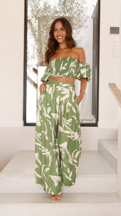 Load image into Gallery viewer, Callison Crop Top and Pants Set - Green Print - Billy J
