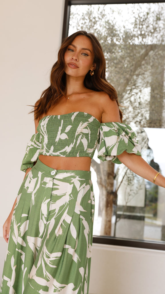 Callison Crop Top and Pants Set - Green Print - Billy J