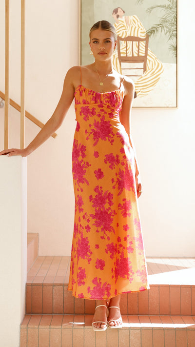 Load image into Gallery viewer, Margie Midi Dress - Orange / Pink Floral - Billy J
