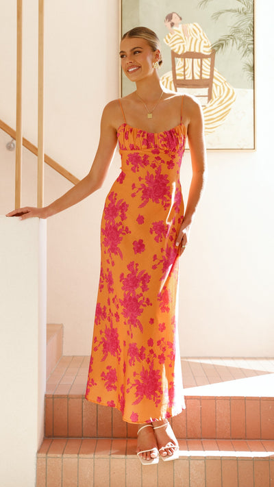 Load image into Gallery viewer, Margie Midi Dress - Orange / Pink Floral - Billy J
