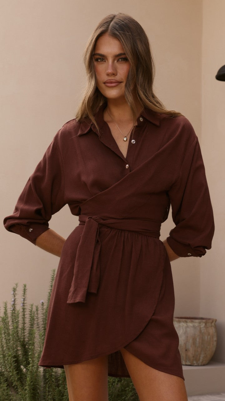 Zaida Shirt Mini Dress - Chocolate - Billy J