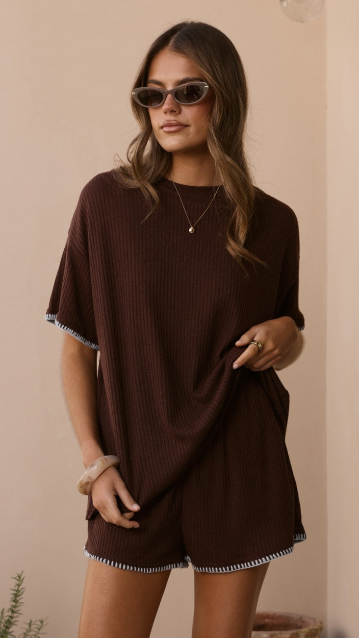 Zaide Knit T-Shirt and Shorts Set - Chocolate/Blue - Billy J