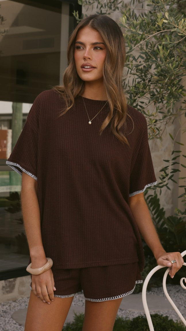 Zaide Knit T-Shirt and Shorts Set - Chocolate/Blue - Billy J