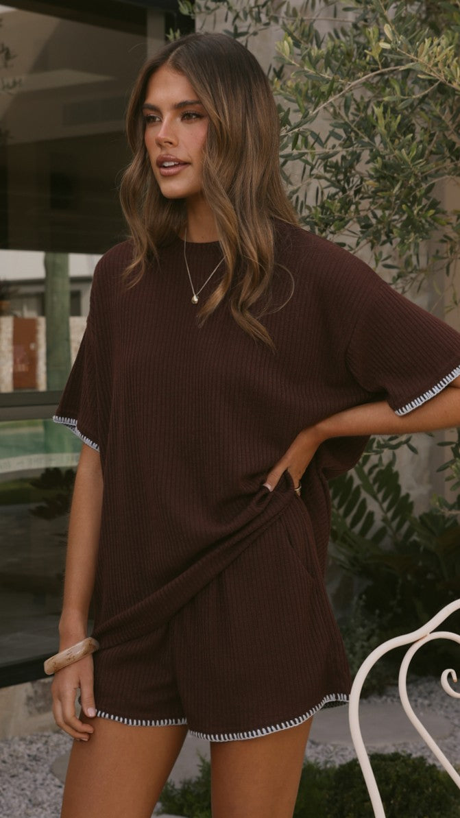 Zaide Knit T-Shirt and Shorts Set - Chocolate/Blue - Billy J