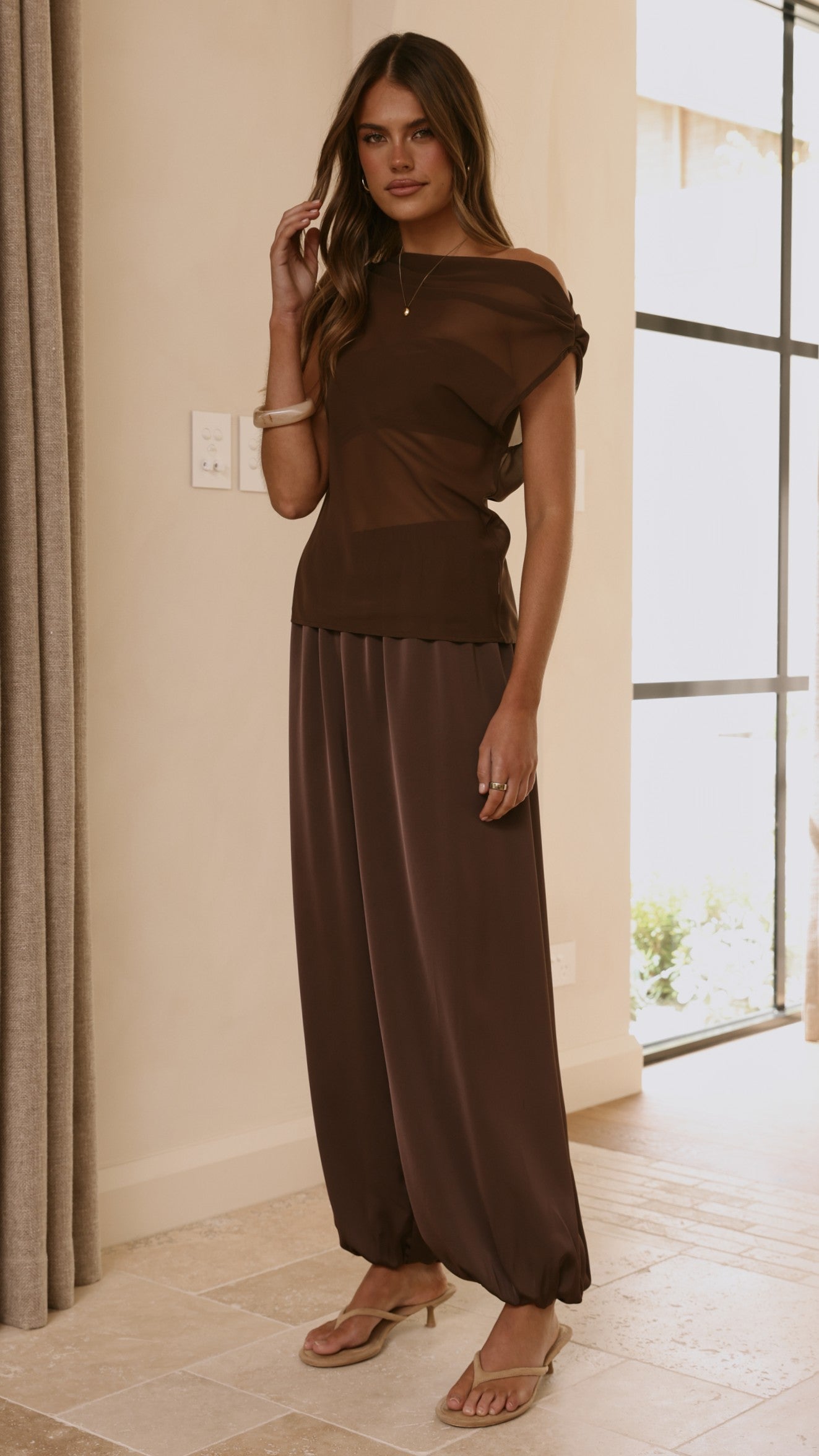 Zabella Sheer Off Shoulder Top - Chocolate - Billy J