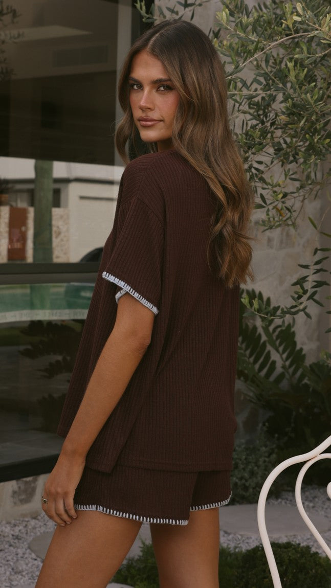 Zaide Knit T-Shirt and Shorts Set - Chocolate/Blue - Billy J