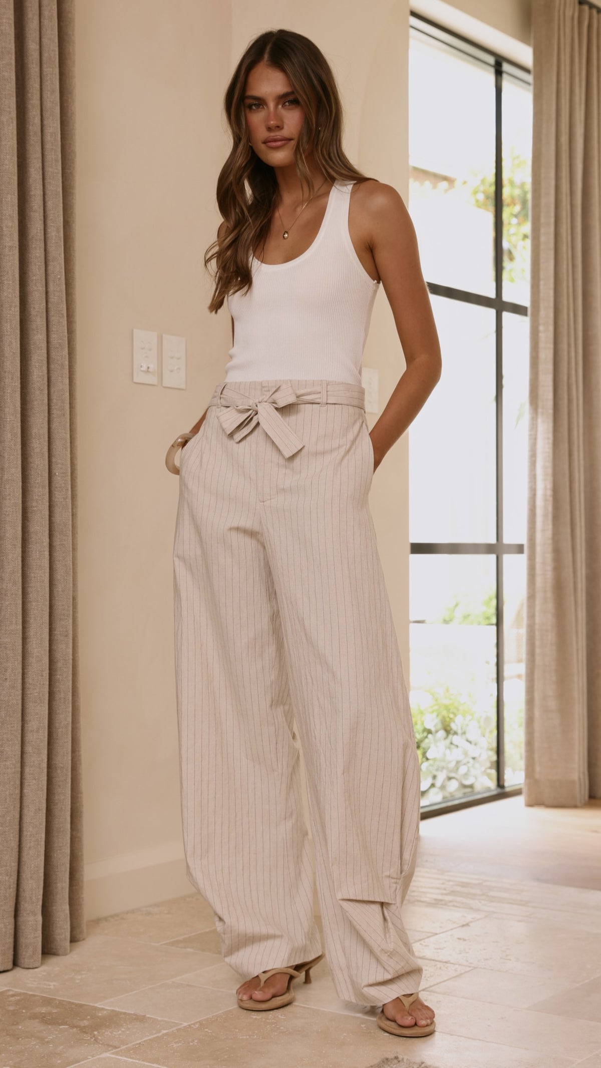 Audrey Pinstripe Tapered Pant - Stone - Billy J