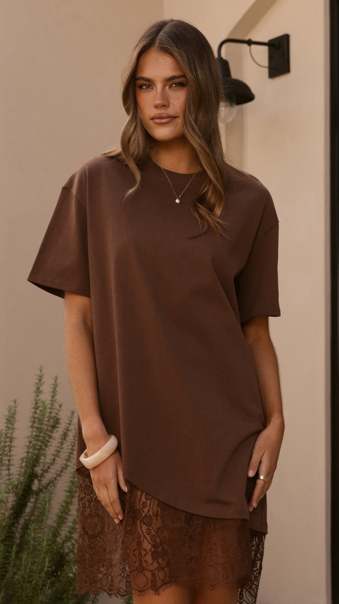 Avei Lace T-Shirt Mini Dress - Chocolate - Billy J