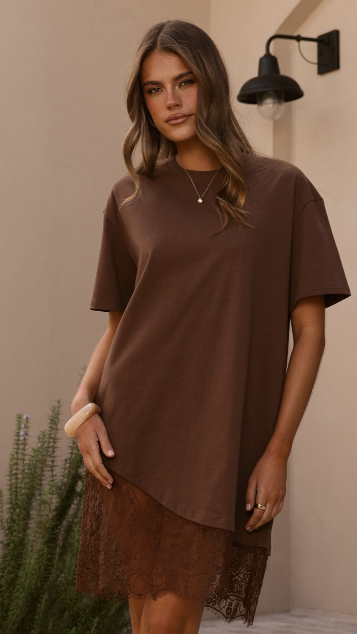 Avei Lace T-Shirt Mini Dress - Chocolate - Billy J