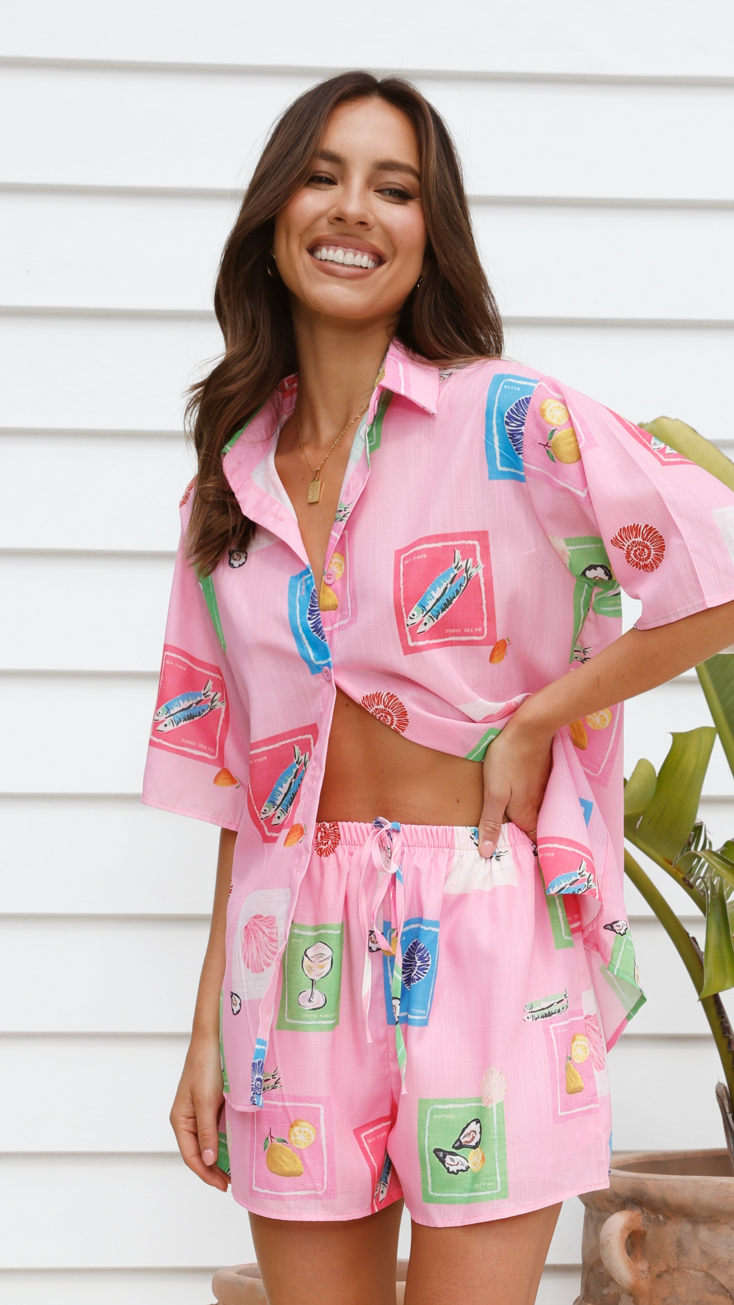 Charli Button Up Shirt and Shorts Set - Pink Stamps Print