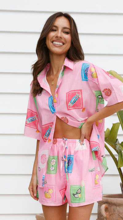 Load image into Gallery viewer, Charli Button Up Shirt and Shorts Set - Pink Stamps Print
