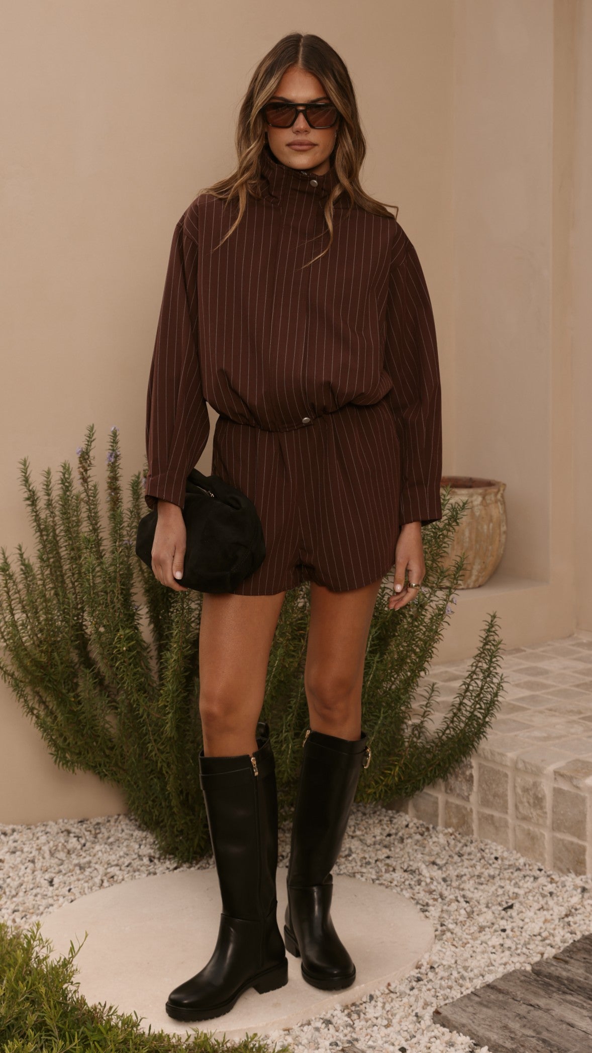 Ivana Funnel Neck Jacket & Shorts Set - Brown Pinstripe - Billy J