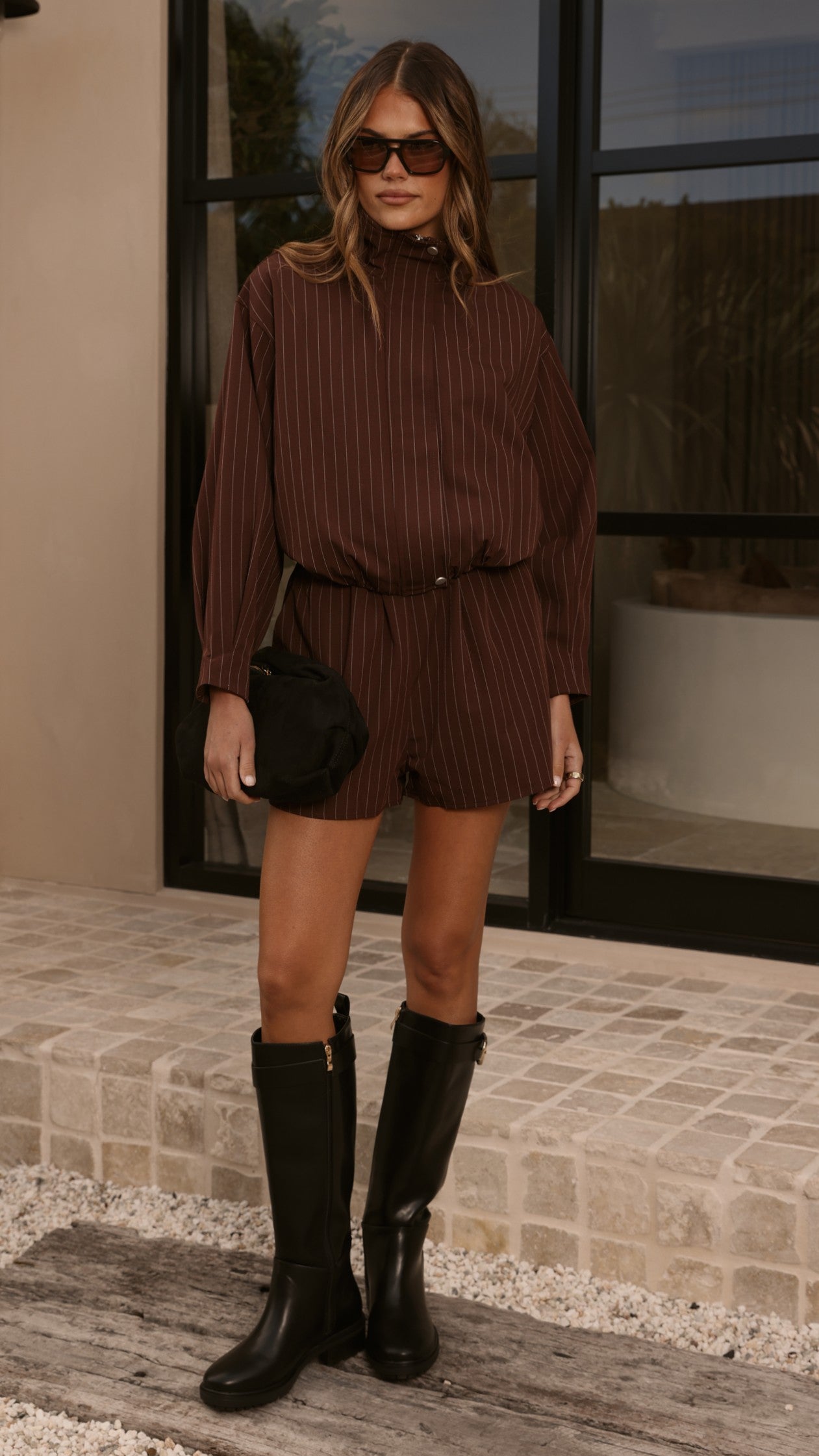 Ivana Funnel Neck Jacket & Shorts Set - Brown Pinstripe - Billy J
