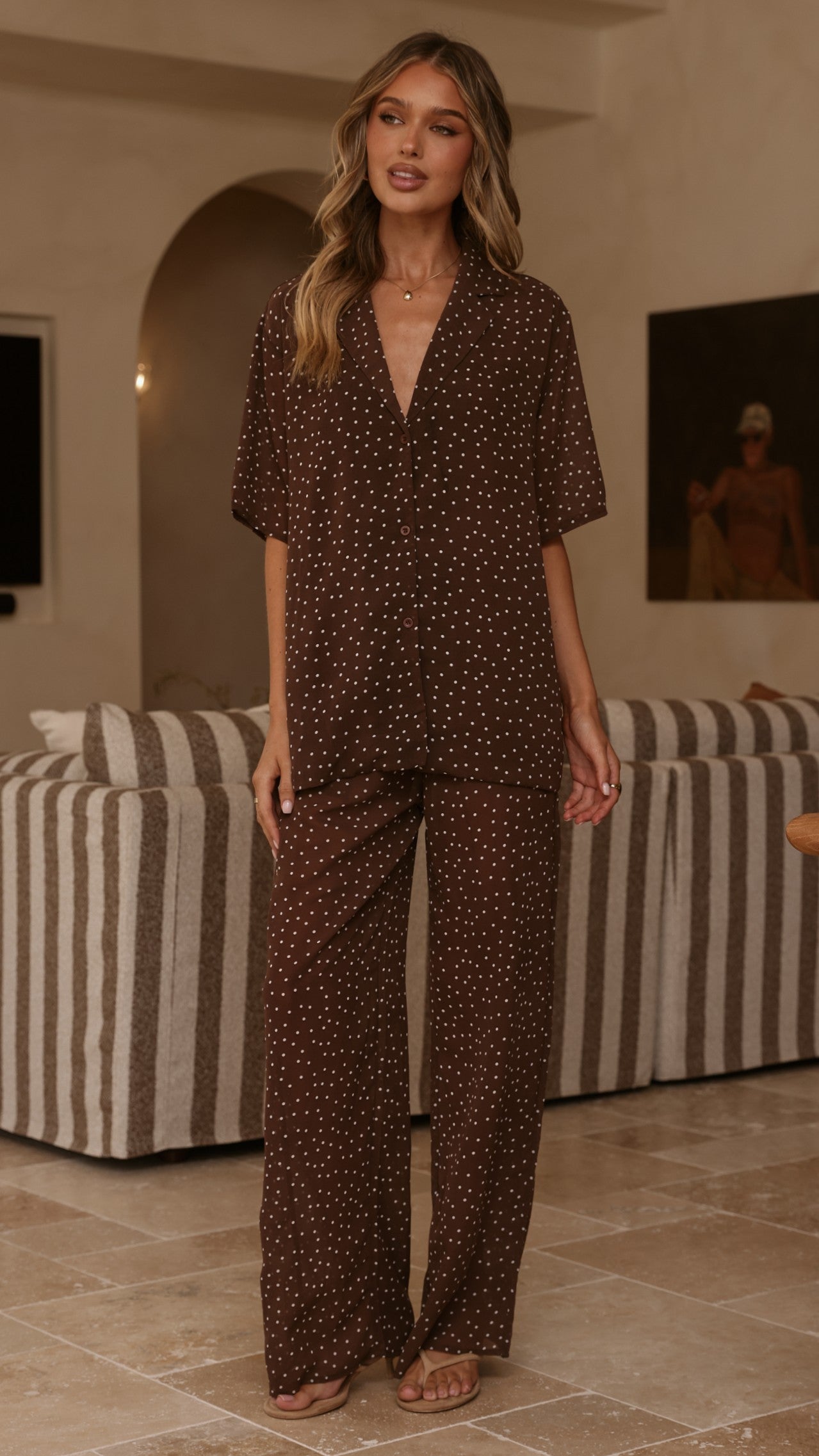 Ashleigh Sheer Shirt and Pants Set - Brown Polka - Billy J