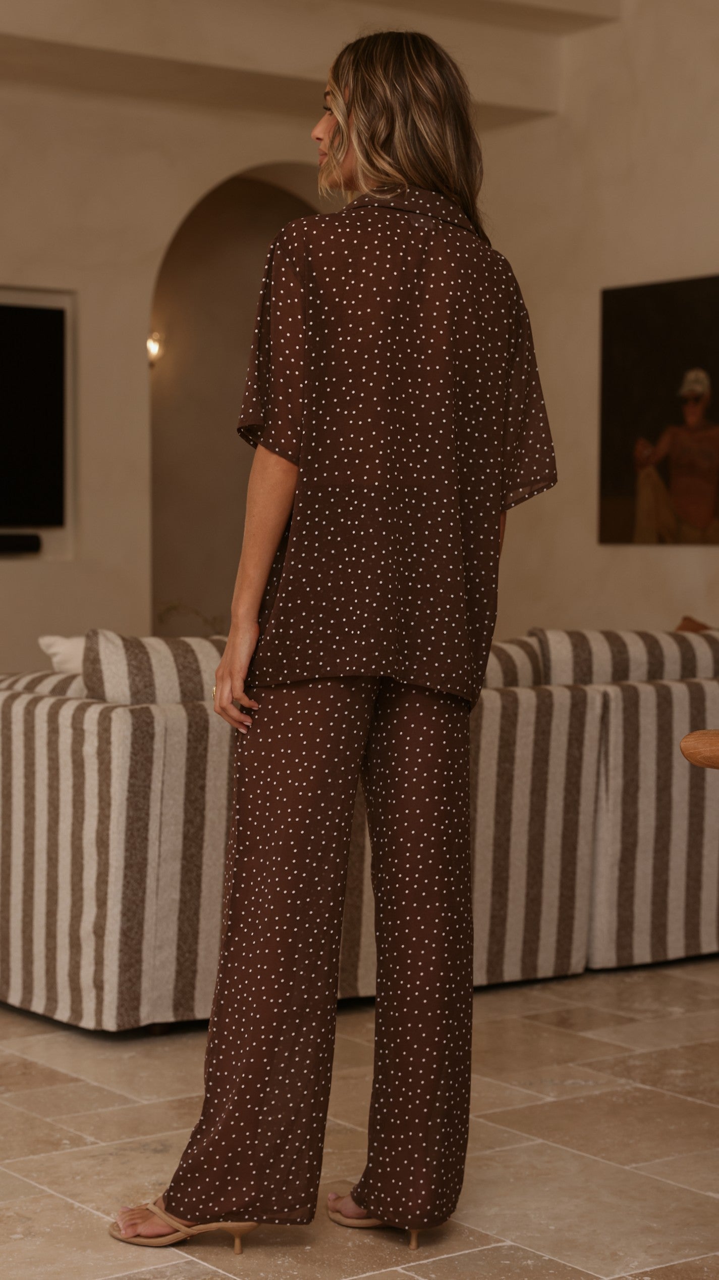Ashleigh Sheer Shirt and Pants Set - Brown Polka - Billy J
