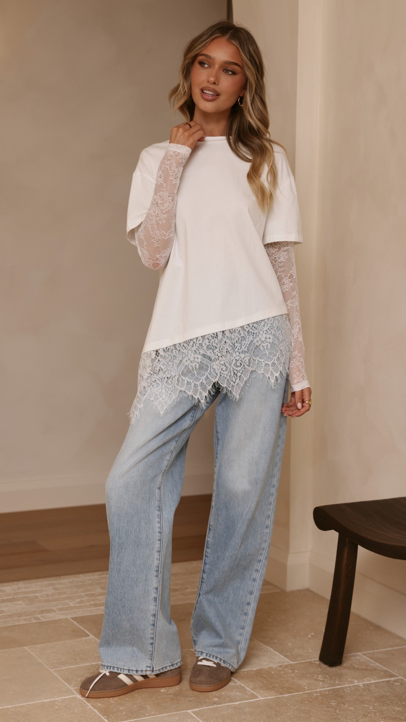 Quinn Lace Long Sleeve Top - White - Billy J