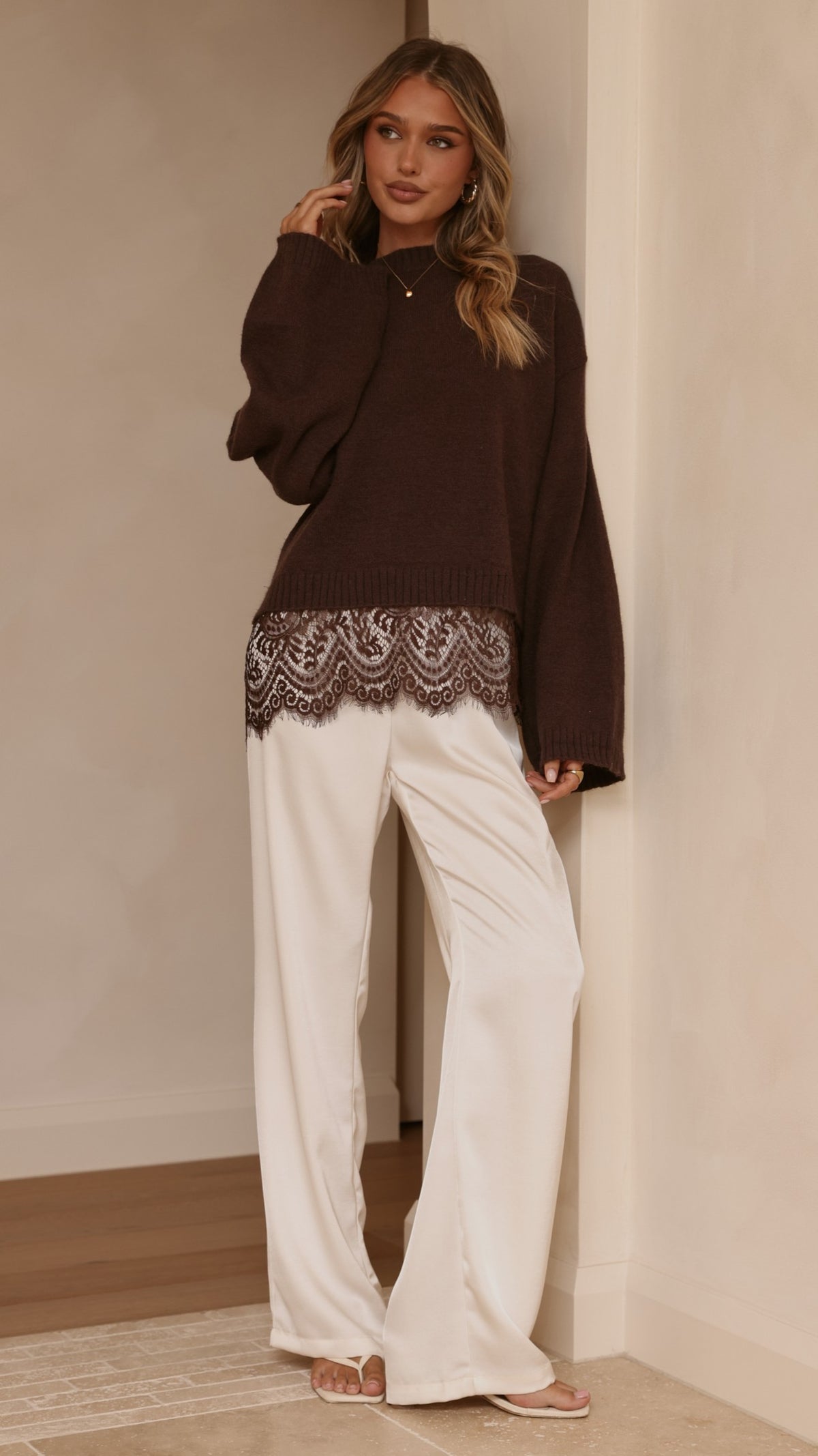 Kylan Lace Trim Sweater - Brown - Billy J