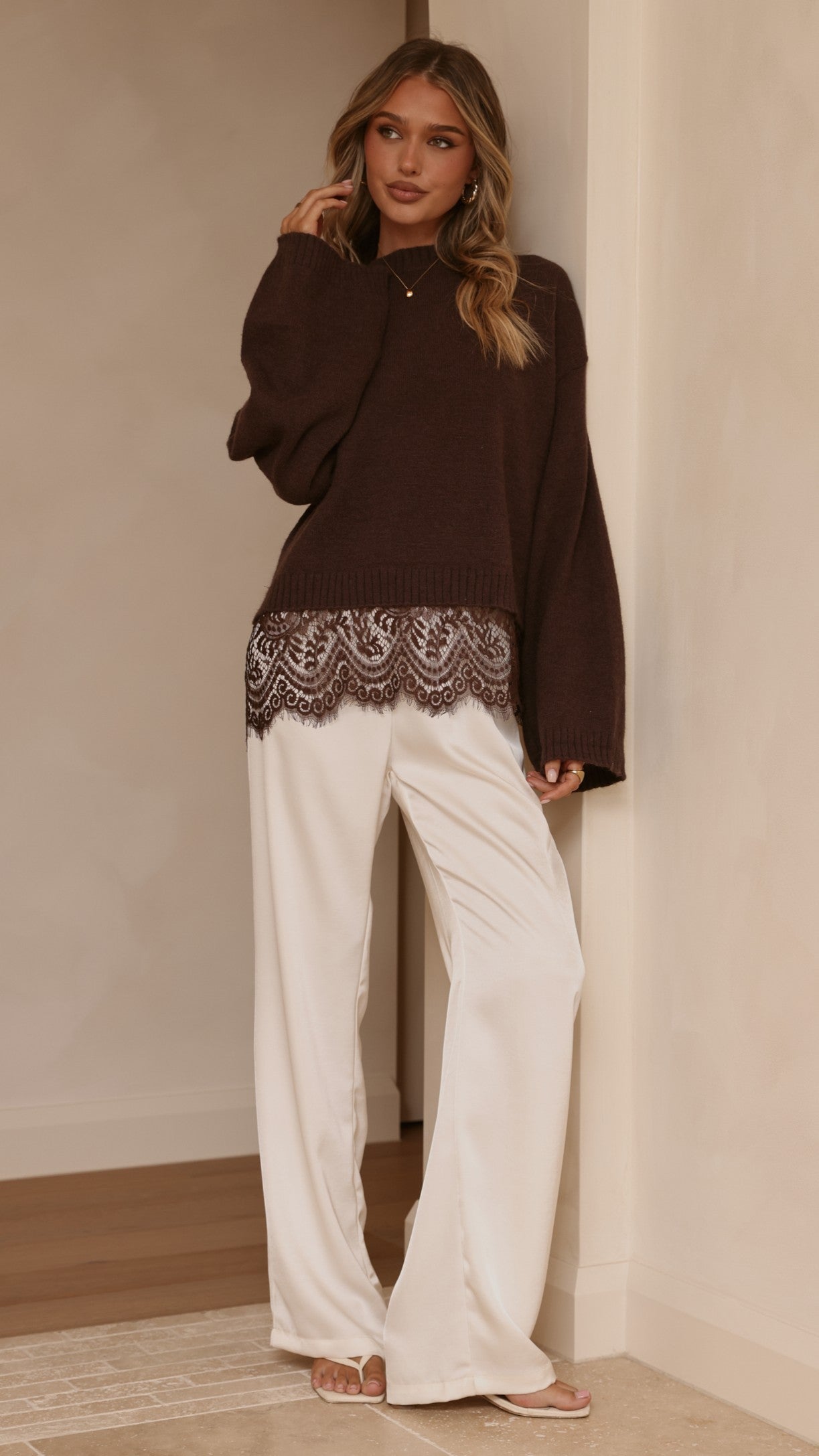 Kylan Lace Trim Sweater - Brown - Billy J