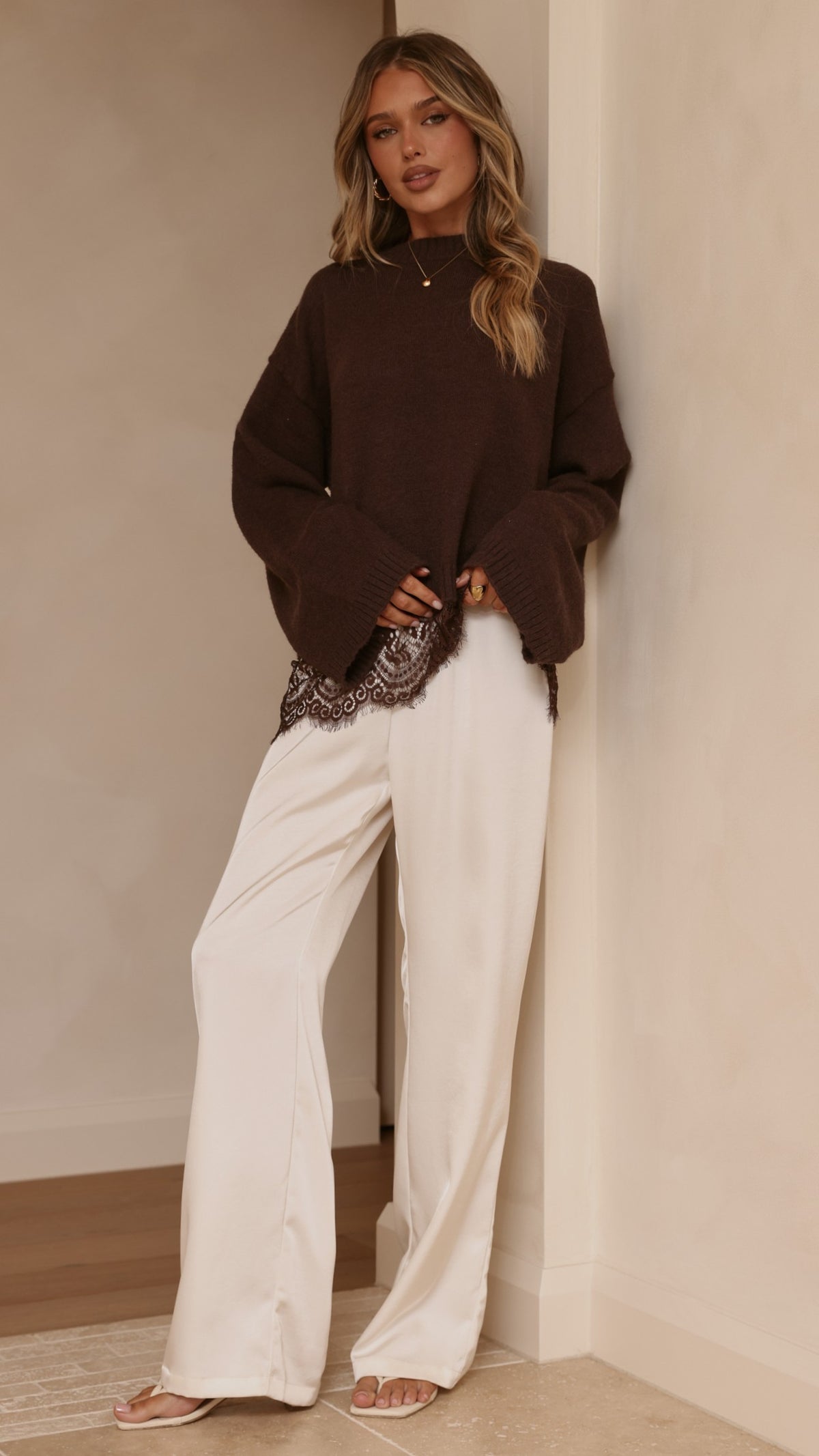 Kylan Lace Trim Sweater - Brown - Billy J
