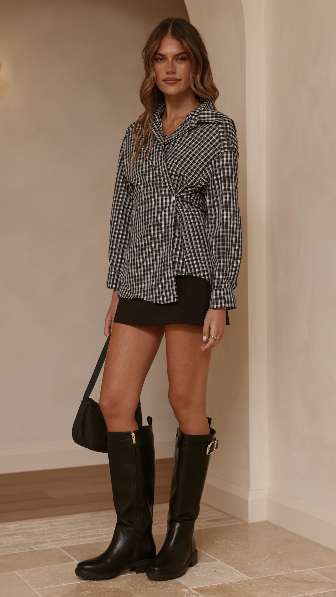 Valia Asymmetrical Button Up Shirt - Black/White Plaid - Billy J