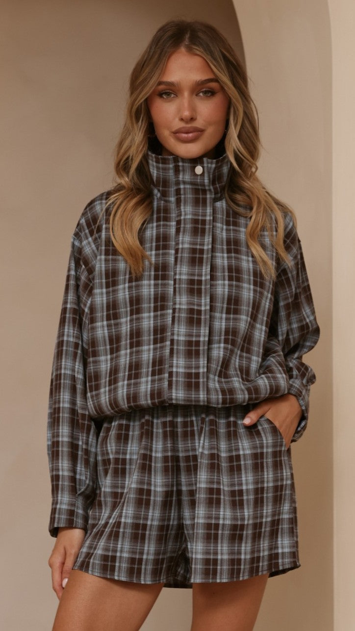 Ivana Funnel Neck Jacket & Shorts Set - Brown/Blue Plaid - Billy J