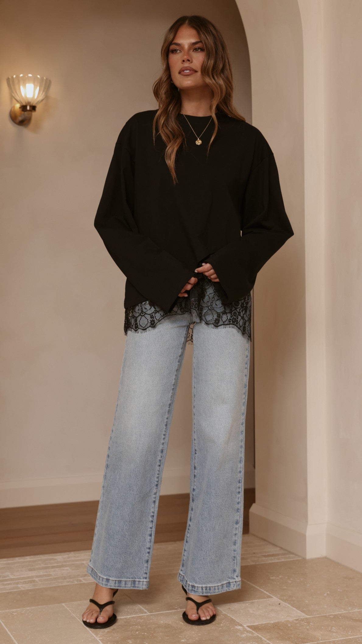 Javi Long Sleeve Lace Top - Black - Billy J