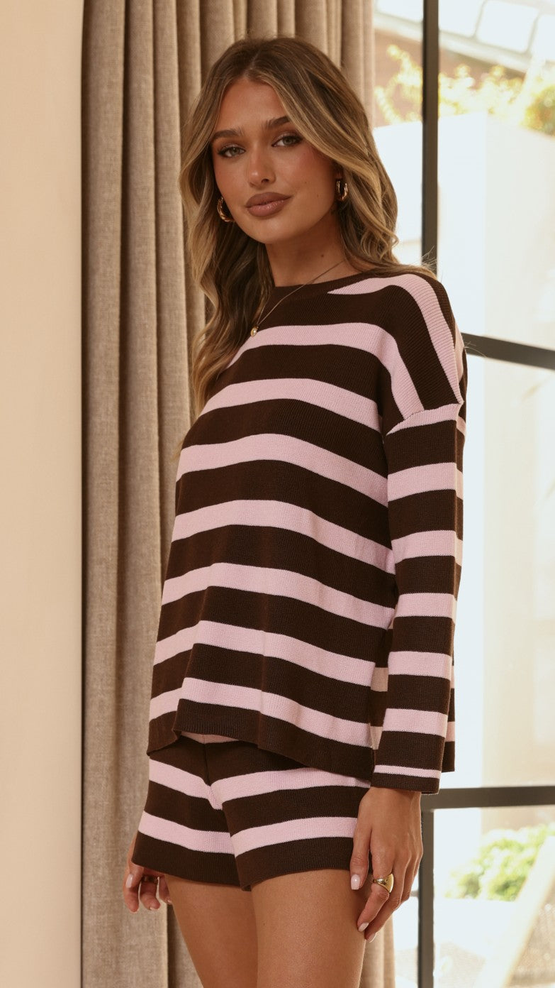 Jaeden Long Sleeve Top & Shorts Set - Pink/Chocolate Stripe - Billy J