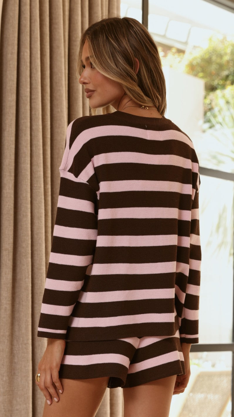 Jaeden Long Sleeve Top & Shorts Set - Pink/Chocolate Stripe - Billy J