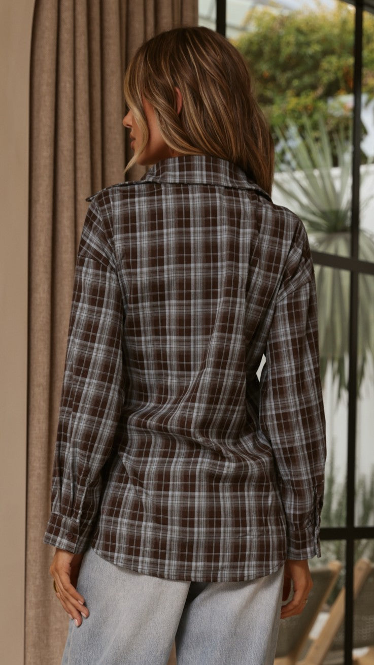 Valia Asymmetrical Button Up Shirt - Blue/Brown Plaid - Billy J
