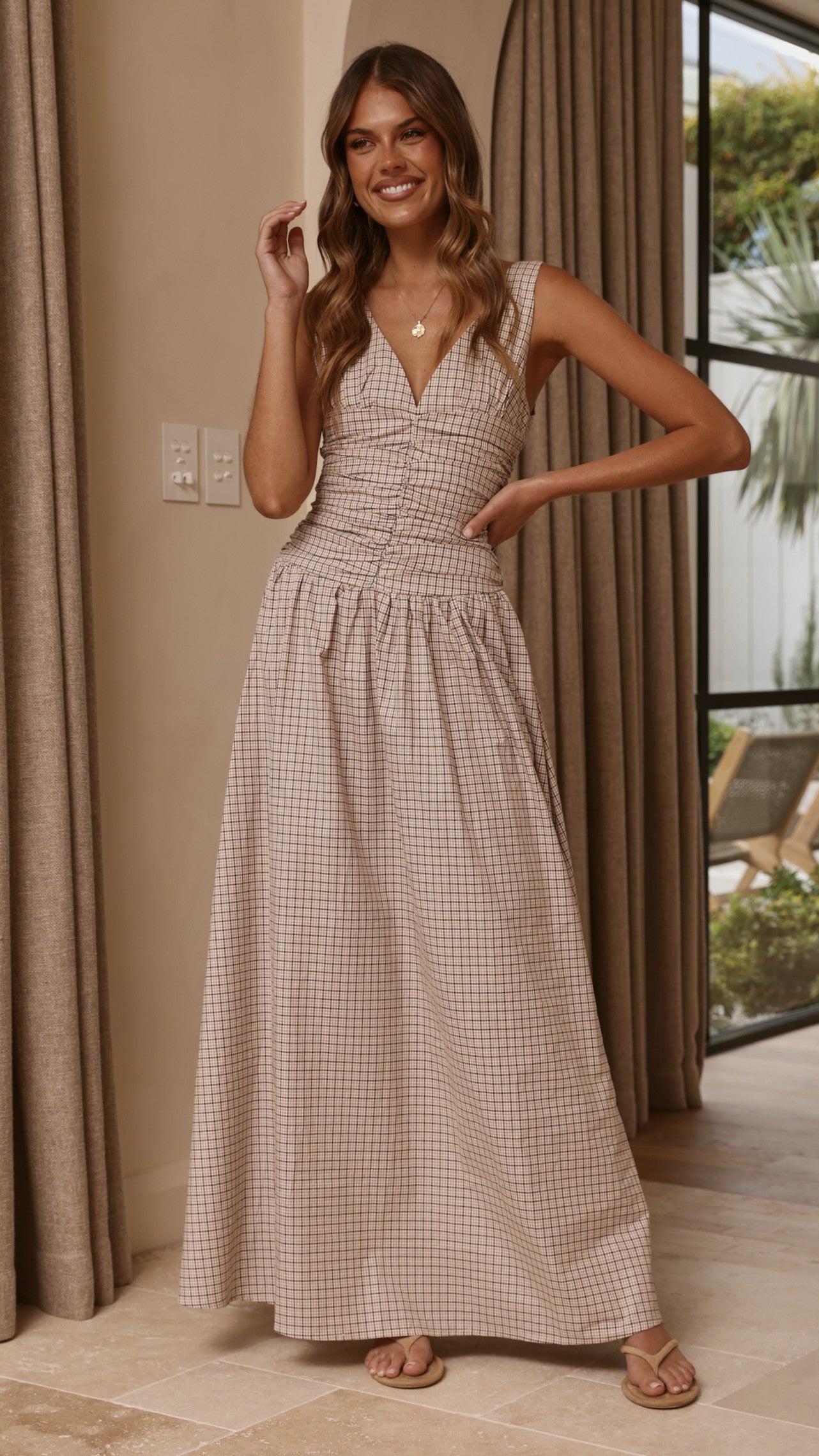 Sanya Maxi Dress - Beige Check - Billy J