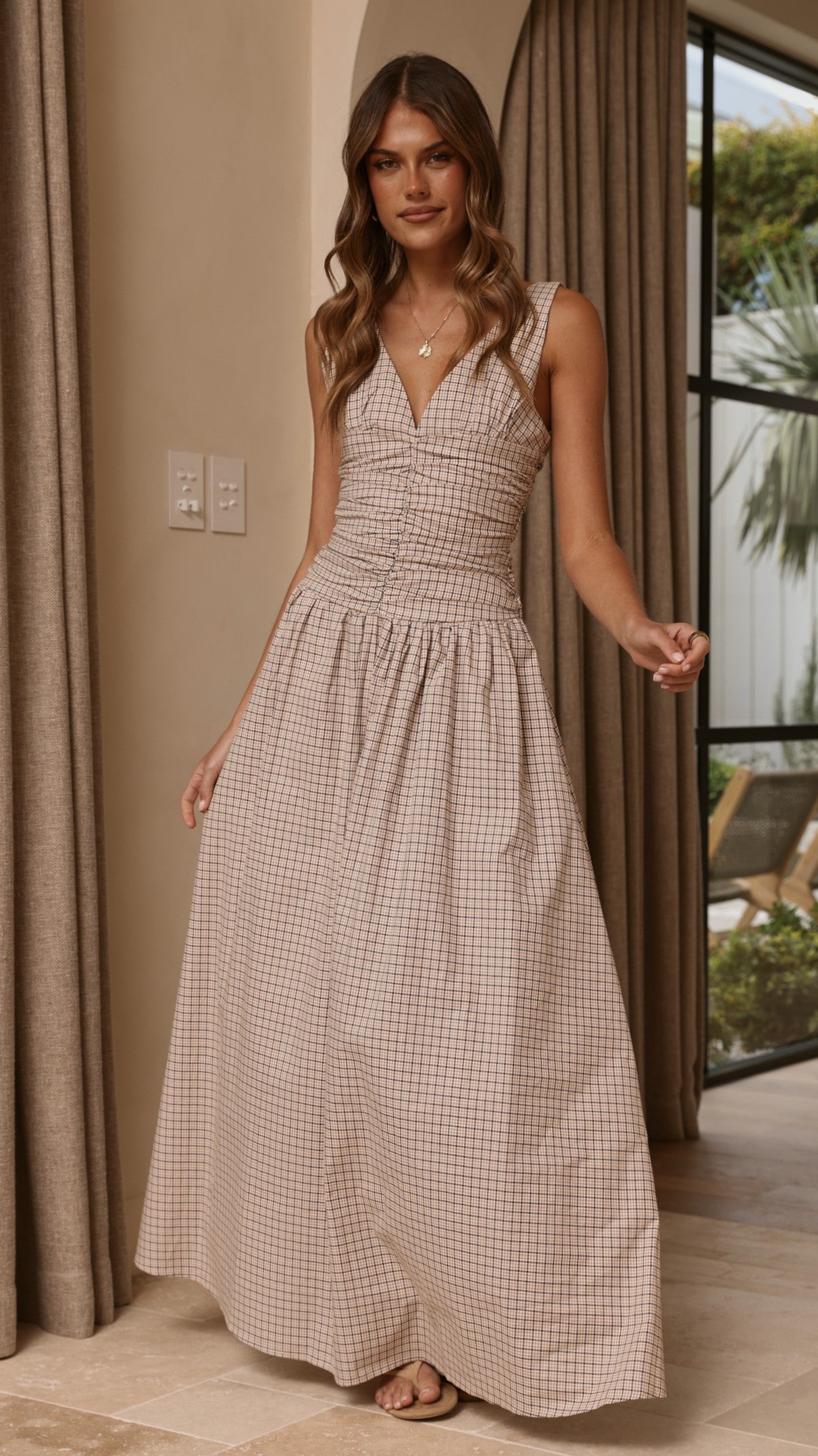Sanya Maxi Dress - Beige Check - Billy J