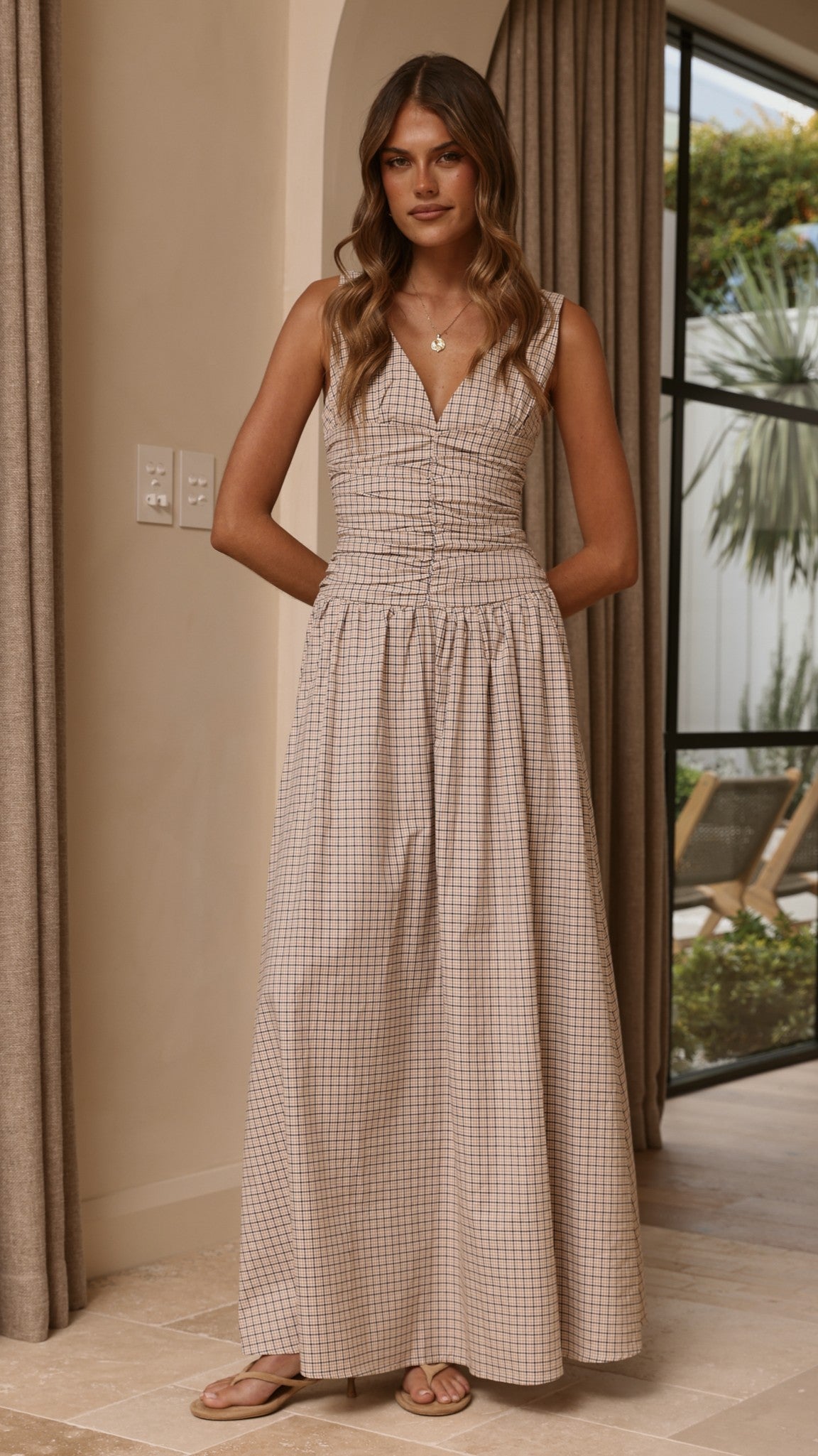 Sanya Maxi Dress - Beige Check - Buy Women's Dresses - Billy J