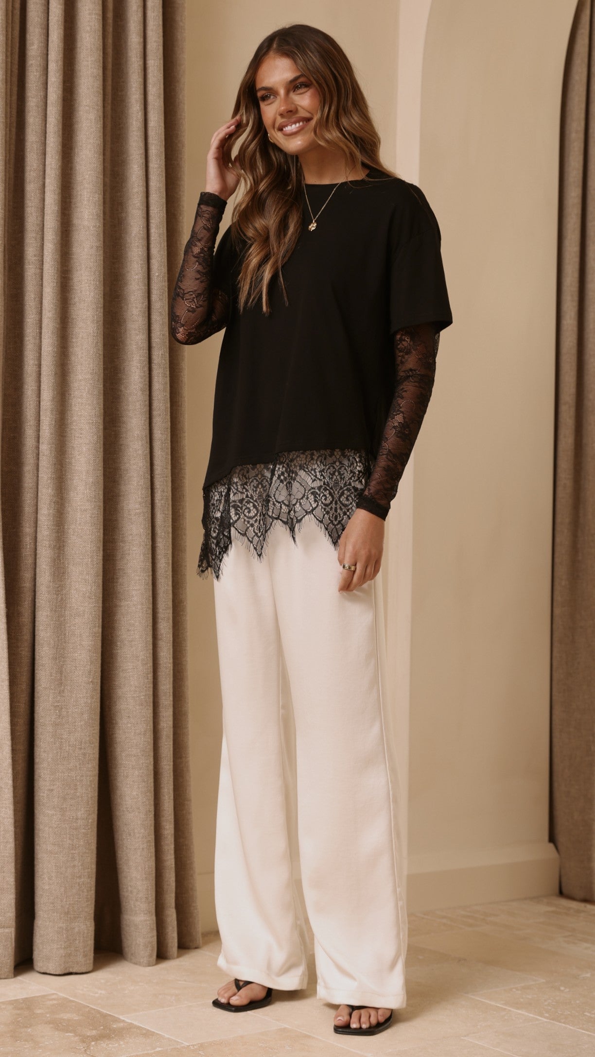 Quinn Lace Long Sleeve Top - Black - Billy J