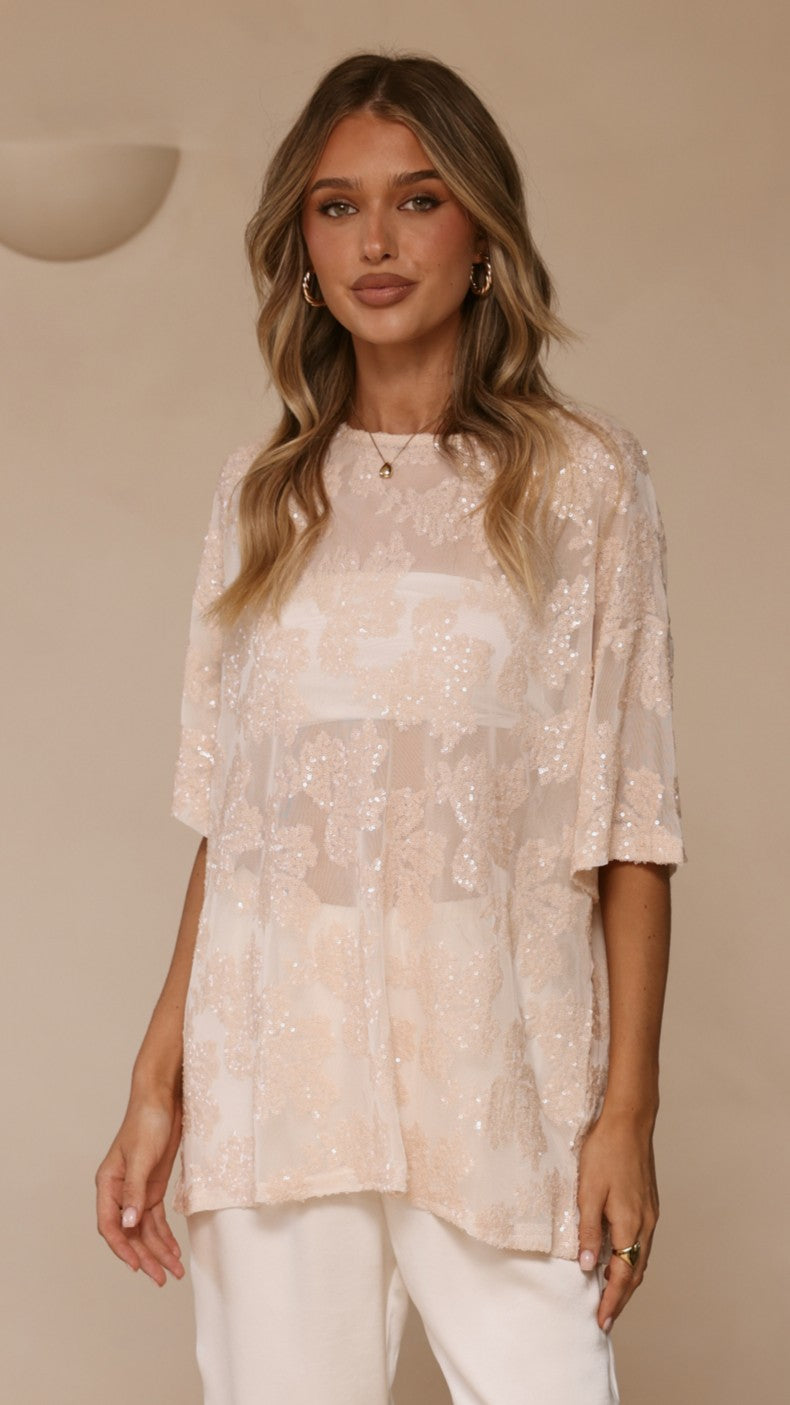 Arlo Oversized Sequin Top - Beige Floral - Billy J