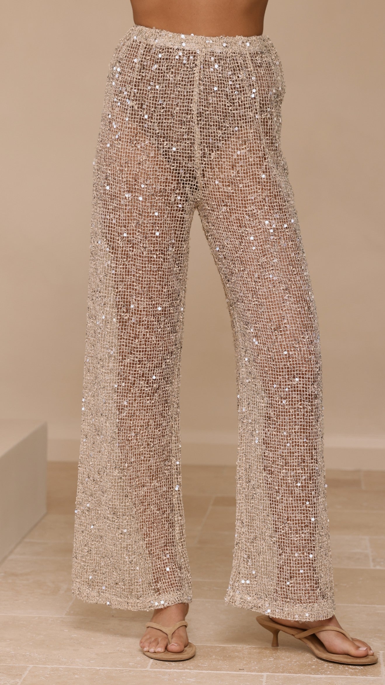 Zarina Sequin Long Line Top and Pants Set - Beige - Billy J