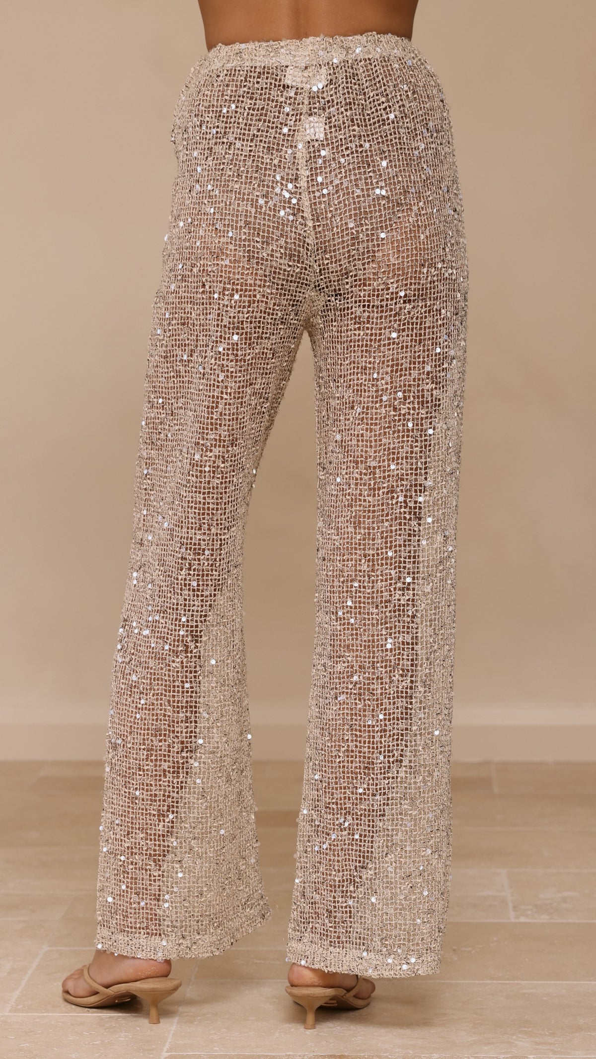 Zarina Sequin Long Line Top and Pants Set - Beige - Billy J