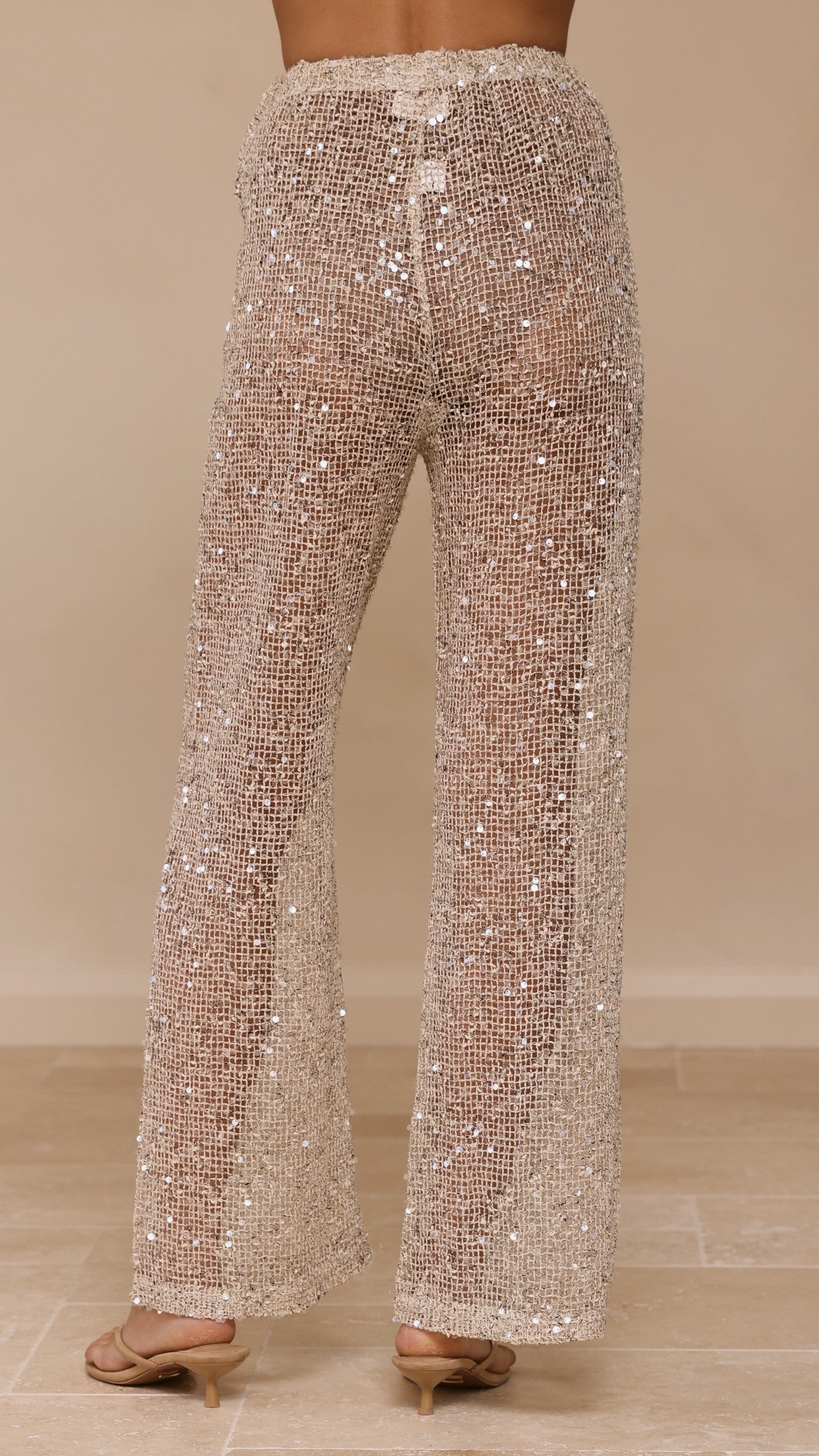 Zarina Sequin Long Line Top and Pants Set - Beige - Billy J