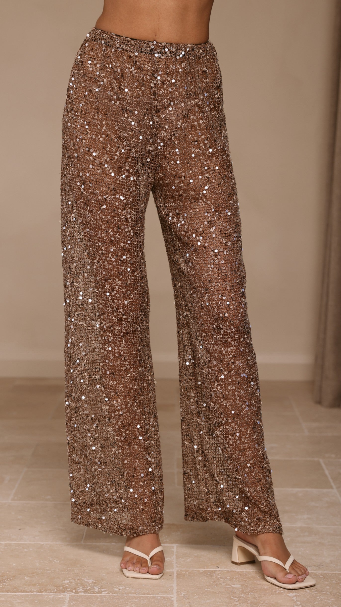 Zarina Sequin Long Line Top and Pants Set - Mocha - Billy J