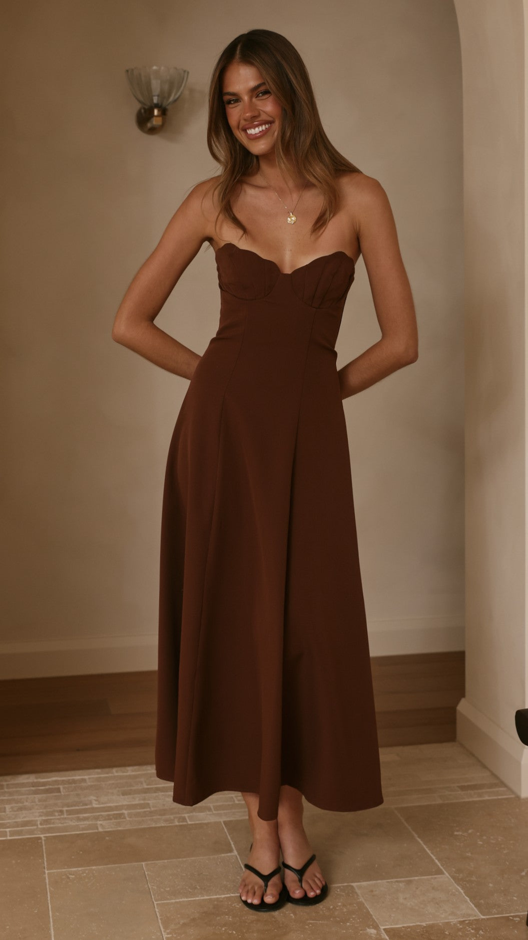 Janessa Strapless Midi Dress - Chocolate - Billy J