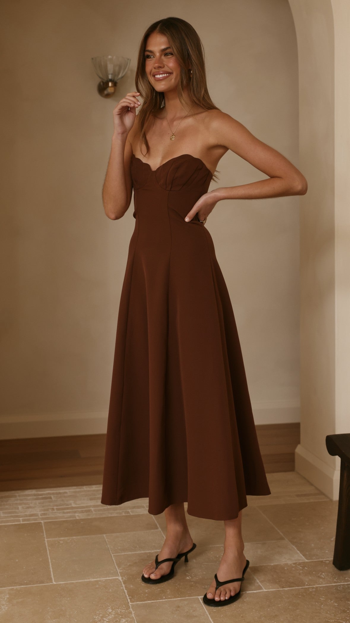 Janessa Strapless Midi Dress - Chocolate - Billy J