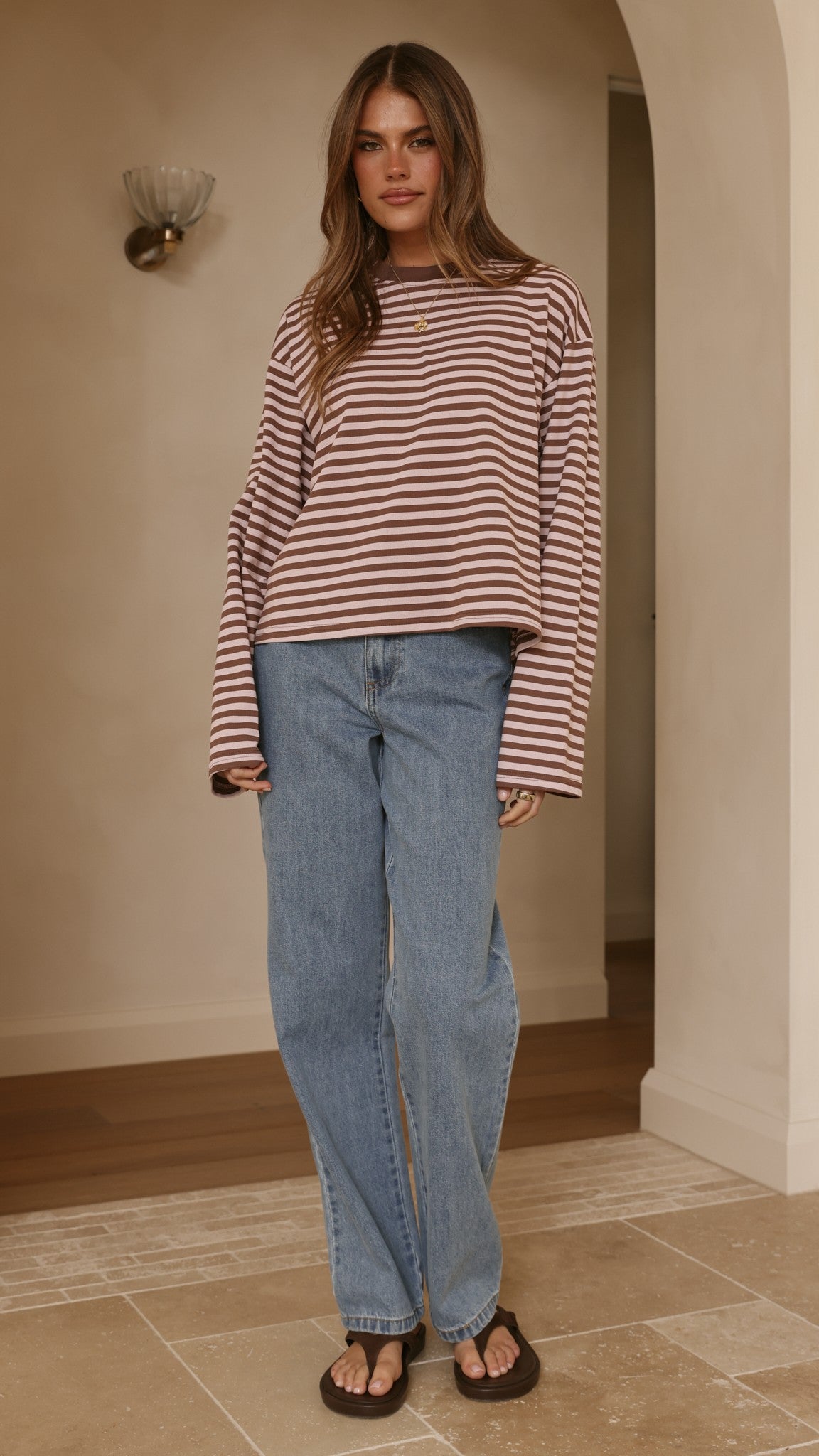 Solana Long Sleeve Top - Pink/Choc Stripe - Billy J