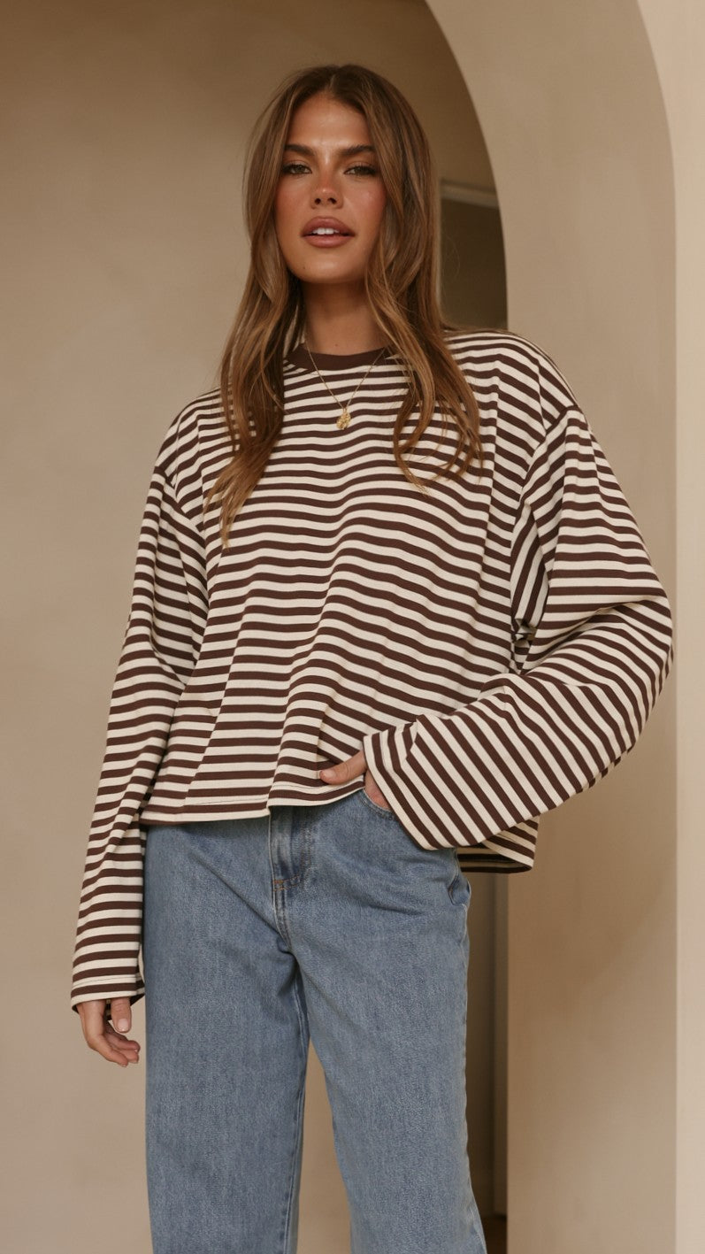 Solana Long Sleeve Top - Choc/White Stripe - Billy J