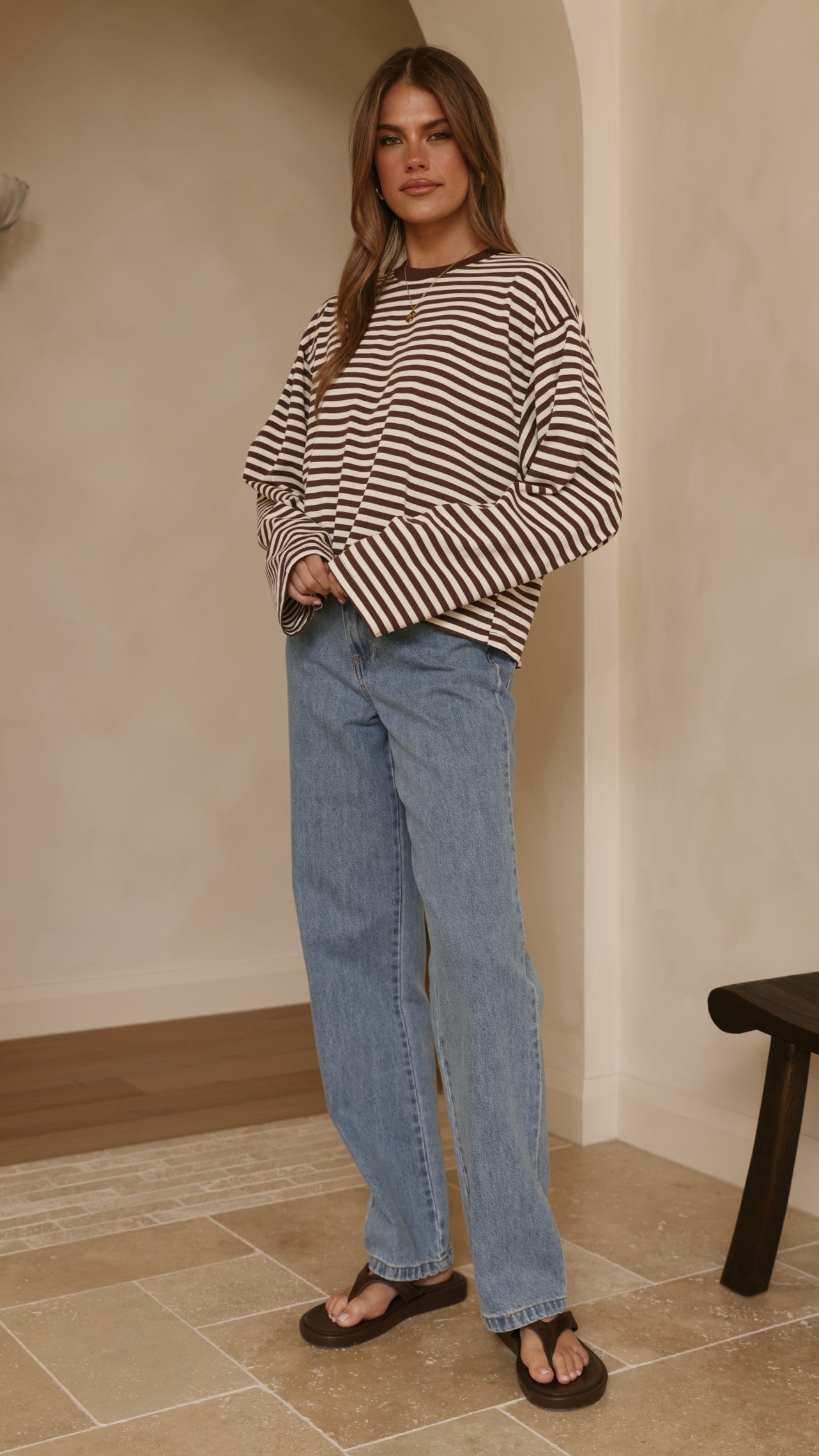 Solana Long Sleeve Top - Choc/White Stripe - Billy J