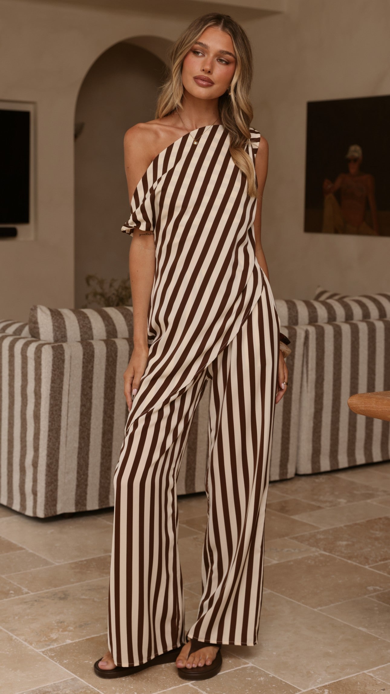 Liana Off Shoulder Top & Pants Set - Brown Stripe - Billy J