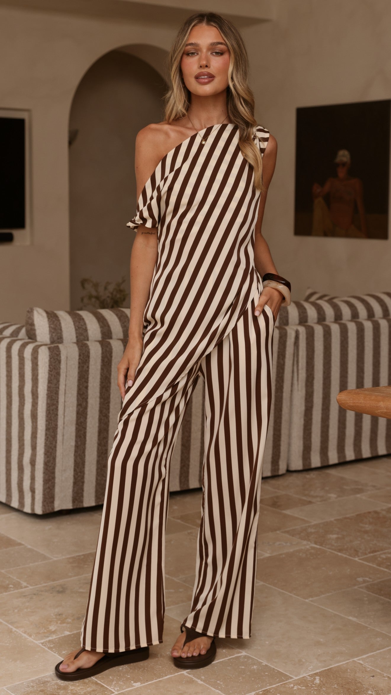 Liana Off Shoulder Top & Pants Set - Brown Stripe - Billy J